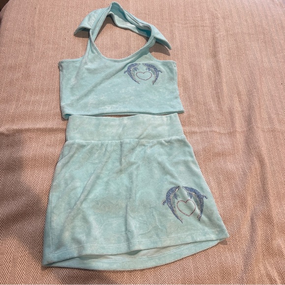 ASYOU Terrycloth Mini Skirt + Halter Crop with Dolphin Graphic Hot Fix in Blue - Picture 12 of 16